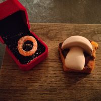 Sep mushroom ice cream with jam on fried bread and a carrot jelly ring at Chef Liam Penn in Bristol