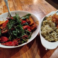 Fiery vegetables with tofu, tea leaf rice at Burma Superstar in San Francisco