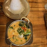 Red curry with tofu served with a rice pyramid  at IMM Thai Kitchen  in Toronto