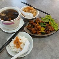 Sweet sour mushroom ball, double-boil soup, pumpkin rice at Peace Vegetarian - Tai Seng in Central Singapore