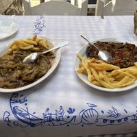 Green beans in red sauce (left); stuffed aubergines (right)  at Kaixis Mermaid Restaurant in Preveza