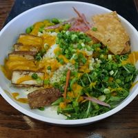 Only Vegan Option: Crispy Teriyaki Tofu Bowl:  Suzuki Soy Marinated Tofu, Cauliflower Rice, Pickled Vegetables, Wonton Crumble, Edamame,  Ginger Carrot Vinaigrette at Willimantic Brewing and Main Street Cafe in Willimantic