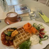 Waffle with tofu and cappuccino  at Teehuone Taigahetki in Kemijaervi