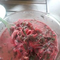 Beet soup (spoonful) at Vege Club Amar in Szczecin
