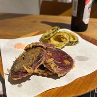 Sweet potato and goya (bitter melon) tempura (dipping sauce not vegan) at Jiruya in Chatan