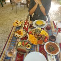 Veggie kebab, eggplant spread, veggie kofte, lentil soup, spicy  bread at Mozaik Bahce in Fethiye