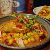 Winter menu - Vegan 'chicken' pastilla, with preserved lemon & olive braised chickpeas, sumac pomegranate at The Free Press in Cambridge