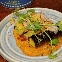 Winter menu - Charred leeks, almond romesco, hot sauce & garlic breadcrumbs at The Free Press in Cambridge