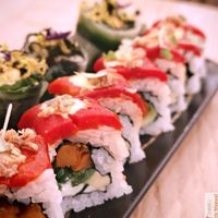 Piman cheese (marinated bell pepper, sweet potato, avocado, vegetable cheese, fried onion, spicy sauce) very appetizing. at Bloom Sushi in Lyon