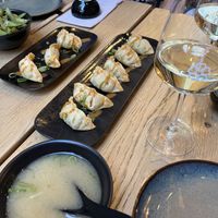 Crispy gyoza and choice of edamame or miso soup for omakase starter  at Bloom Sushi in Lyon