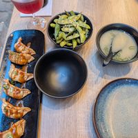 Appetizer miso soup, edamame and gyoza at Bloom Sushi in Lyon