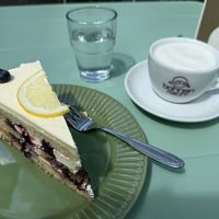 Lemon blueberry cake + decaf cappuccino with soy milk  at Café Zuckerschnecke in Bad Toelz