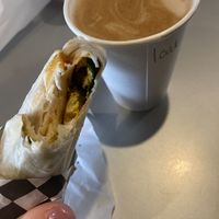 Turmeric Sunrise Wrap & oat latte   at Blondies Cafe in Canmore