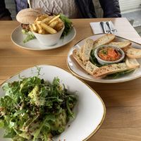 Quinoa salad, roasted red pepper hummus and spicy cauliflower cheese burger   at Beachside Grill  in Braunton