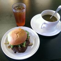 Jerked Portobello Sandwich with Lentil Soup at Avocado Vegan Cafe in Alpharetta