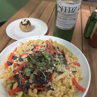 Not-Cho Mac n' Cheez, Greenz juice, and Snickers balll  at Seedz Cafe in St Louis