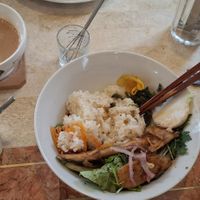 Soy masala chai and soy meat rice ball at Kitten Company in Kyoto