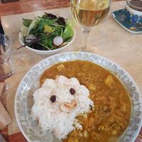 curry with salad and wine at Kitten Company in Kyoto