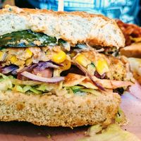 Vegan sweetcorn fritter and BBQ jackfruit burger at The Queens Hotel in Lytham St Annes