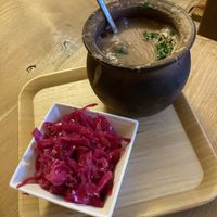 Beans in a pot and pickled cabbagee was  at Kessane in Akhaltsikhe