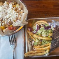 Vegan gyro (I ate some fries off the top before I took photo) oops🫣 and quinoa side salad (forgot to ask them to hold the feta) at Spitz in Bozeman