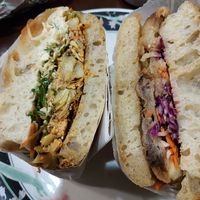 Go Bills sandwich on the left, eggplant Wasabi on the right, fresh foccacia at Sevens in Buffalo