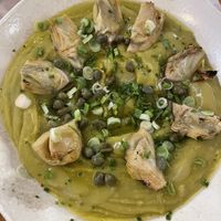 Fava pea puree with capers, green onion and grilled artichokes   at Olympus Gítema in Litochoro