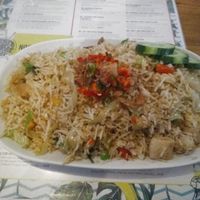 Chilli basil fried rice, with "chicken".
You can choose between tofu, chicken, tempeh and duck. The tofu and tempeh are gluten-free. at Brother Bon in Northcote