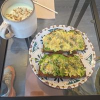 Avocado toast and Matcha. at VeggieSue in Santiago De Compostela