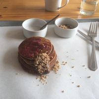 Quinoa and rice flour pancakes with strawberry chia see jam and date chocolate spread at Free Food in Johannesburg