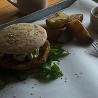 Chickpea burger with potato wedges at Free Food in Johannesburg