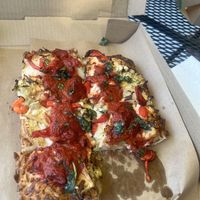 “Olive You Truly” pizza (sans olives) with vegan cheese.  at RiverTrail Beerworks in Saranac Lake