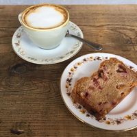 Plum cake (vegan) and oat milk americano at EZ and Moss in North London