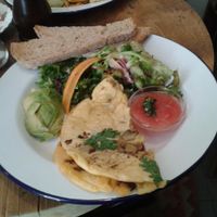 Vegan mushroom and onion pancake with avocado and toast (breakfast menu) at EZ and Moss in North London