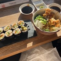 Lilith roll on left and vegan tofu poke bowl (swapped tuna for tofu)  at Temaki Bar in Encinitas