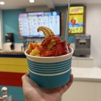 Sunset Bowl - Mango soft serve with mangos, strawberries, pineapple, chamoy and Tajin.   at KIC's Ice Cream in South Padre Island