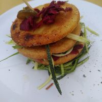 Cecine (chickpeas flower based "omelette"), skilfully combined with jalapenos, fresh and fermented veggies at INCOLTA in Castiglione Della Pescaia