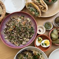 Lentil sweet potato salad, tofu pita, hummus with aubergine   at Hummus Malka in Caldas Da Rainha