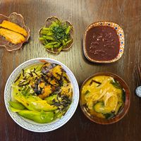 My solo lunch - Vegan Eel and avocado poke bowl set with miso soup, chick'n karage, greens and red bean congee dessert. at Zhi Su - 旨素 in Beijing