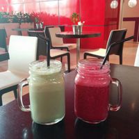 Matcha smoothie + Beetroot smoothie, yum! at Super Natural Kitchen in Dubai