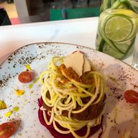 The lasagna ( the water is infused with cucumber and lemon)! at Super Natural Kitchen in Dubai