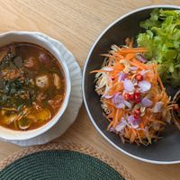 ต้มแซ่บ Northern style tom saep + ยำปลาดูกฟู tofu floss salad at Sukjai by Pata Obasan in Chiang Mai