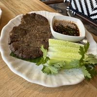 Grilled plant based “beef” with spicy jeaw sauce   at Sukjai by Pata Obasan in Chiang Mai