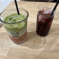 Strawberry matcha + grape juice  at MIMI - Vegan Sweets & Restaurant in Kyoto