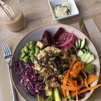 Buddha Bowl & iced chai latte with oat milk  at Koffushi in Tenerife