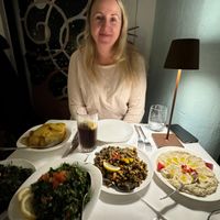 Taboulé, mashed eggplant, garlic spinach, bread  at Al Dar Syrian Restaurant in Hannover