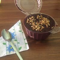 Chocolate Pudding with peanuts and vanilla cake at Edes Elet Cukraszda in Budapest