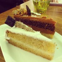 Close up of marzipan cake and caramel cake. at Edes Elet Cukraszda in Budapest
