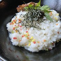 A main dish but I don’t remember what it was called. It features rice, green tea, and enoki mushrooms  at COFU - Chinatown in Vancouver