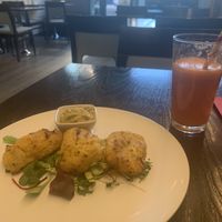 Polenta and cauliflower bakes and a ginger, carrot, and apple juice   at 222 Vegan Cuisine in West London